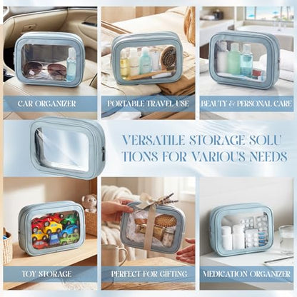Abbylike 4 Pcs Blue Clear Makeup Bag PU Leather Tsa Approved Toiletry Bag with Zipper Transparent Waterproof Portable Cosmetic Bags Travel Car Clear Organizer Bags for Women Girls Mother's Day - color: Blue