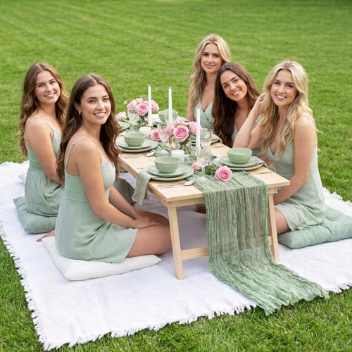 Extra Large Outdoor Picnic Blanket with Table Runner and Floor Pillow Cushion for Picnic Wedding Birthday Baby Shower Backyard(91 x 71'',Sage Green,White,6-Person) - color: Sage Green,white