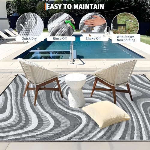 Garvee Outdoor Rug 8x10 Patio Waterproof, Abstract Outdoor Plastic Straw Rug, Camping Rugs for Outside Your RV, Foldable Lightweight Reversible Mats for Backyard, Deck, Picnic, Balcony, Black Grey - color: Modern|grey/White, size: 8' x 10' (Rectangular)