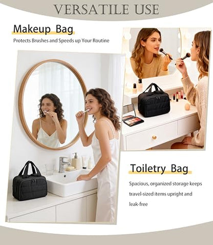 Travel Toiletry Bag for Women, Large Wide-open Puffy Cosmetic Makeup Bag with Wet-Dry Separation, Multi-Pocket Organizer with Carry Handle for Toiletries, Cosmetics, Essentials, Black - color: Black