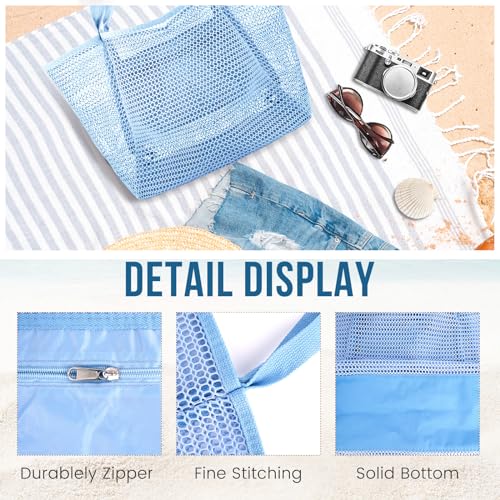 HOHOM Beach Bags for Women, Summer Travel Mesh Tote Bag with Large Inner Pocket, Sandproof Woven Shoulder Handbag - color: Harbor Blue