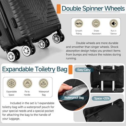 Hoteel Luggage Sets 5 Piece, 4-Year Warranty, Durable Suitcase Set with Spinner Wheels, ABS+PC Hard Shell Lightweight Luggage with TSA Lock, Large Checked Travel Suitcases, Black(20/24/28/DB/TB) - color: Bure black, size: 20/24/28/TB/（DB/BP）