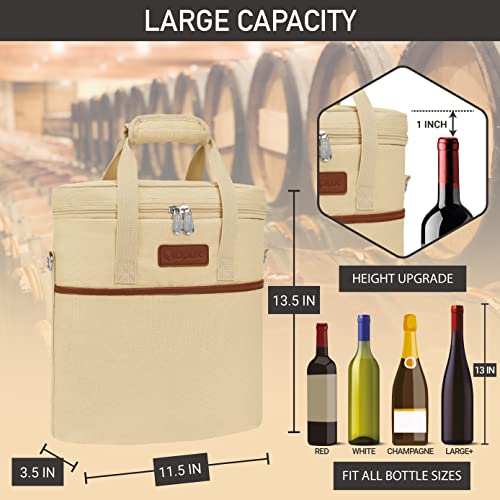 Opux 3 Bottle Insulated Leakproof Wine Cooler Bag, Tote for Picnic Beach, Portable Carrying Case, Cream - color: Cream Beige