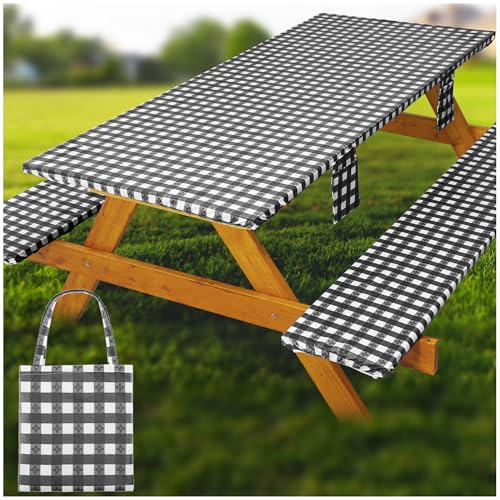 Fitted Picnic Table Cover with Bench Covers Waterproof Elastic Edges Rectangle Patio Tablecloth Outdoor Camping Essentials Stuff Rv Accessories Summer Trip Travel Supplies Party Camper Gifts, 8 ft - color: Black White Grid, size: 96in