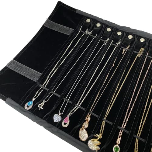 Portable Jewelry Roll Untangled Secure Necklace Travel Storage Bag Displays Holder 16 Chain (Black) - color: Black