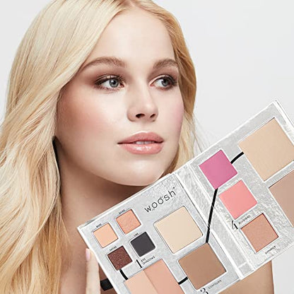 Woosh Beauty, Jetsetter Bundle in #1 Light, Fold Out Face Non-Refillable, Essential Brush Set, Travel Case in Hot Pink