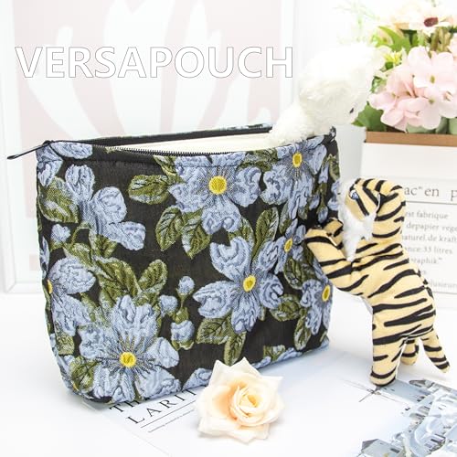PAZIMIIK Makeup Bag Large Cotton Zipper Pouch for Purse Travel Canvas Make Up Organizer for Women Cosmetic,Brocade Flower Black - color: Brocade Flower Black