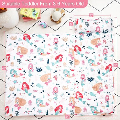 PHF Soft Toddler Nap Mat with Removable Pillow, Rollup Design Kids Sleeping Mat, Slumber Bags for Girls, 50"x20" Toddler Sleeping Bag for Daycare Preschool Travel Camping, Mermaid - color: Mermaid