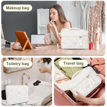 GISMTR 3Pcs Cotton Quilted Makeup Bag Large Travel Cosmetic Bag Coquette Makeup Pouch Cute Aesthetic Floral Toiletry Bag for Women Girls (flower-S) - color: flower-S