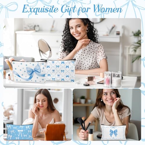 30pcs Blue Bow Makeup Bag Coquette Bow Cosmetic Bags for Women Preppy Pouch Travel Toiletry Bag Coquette Party Favors for Mother Bridesmaids Wedding Supplies - style: Blue Bow
