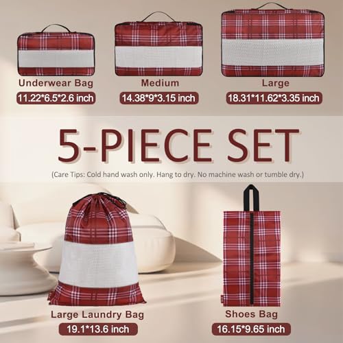U+U 5 Set Packing Cubes for Travel Essentials Ultralight Luggage Packing Organizers with Laundry Bag and Shoe Bag for Vacation, Business Trip and Camping (Burgundy Checkered) - color: Burgundy Checkered