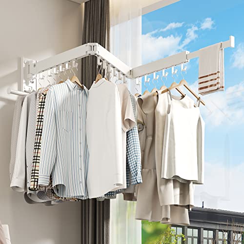 BOQORAD Wall Mounted Clothes Hanger Rack, Clothes Drying Rack,Laundry Drying Rack,Collapsible Clothes Rack Wall Mount, Retractable Drying Rack Clothing,can Fold Upward & Left & Right,White Color - size: Plus-White