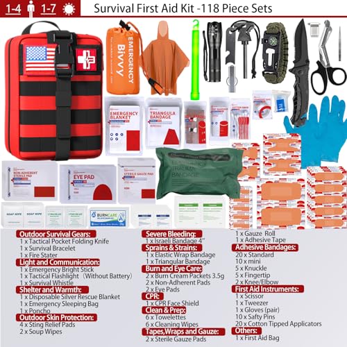 First Aid Kit,Survival Gear Outdoor Tactical Gear Set Military Grade Molle System for Camper Travel Hunting Hiking and Adventures（RED） - color: Red