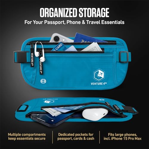 VENTURE 4TH Money Belt for Travel – Slim Hidden Under-Clothes RFID Blocking Anti-Theft Passport Holder & Travel Wallet Pouch for Men & Women to Protect Cash, Cards & Documents (Blue) - color: Blue