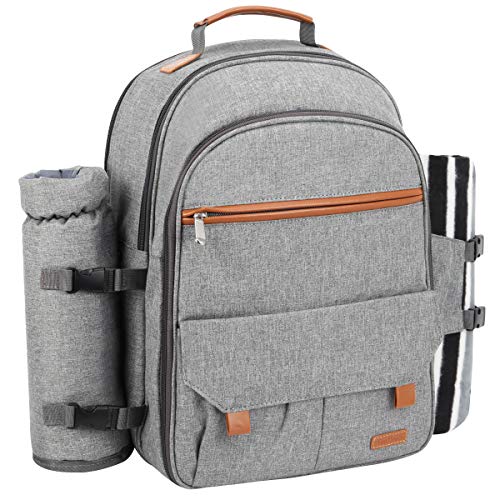 Sunflora Picnic Backpack for 4 Person Set Pack with Insulated Waterproof Pouch for Family Outdoor Camping (Gray) - color: Gray, size: 4 person