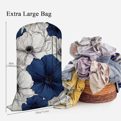 Swono Wild Flower Extra Large Huge Heavy Duty Polyester Laundry Storage Bag with Drawstring, Dark Navy Blue Floral Sketch Washable Travel Dirty Clothes Bag Hamper Liner - color: Wild Flower