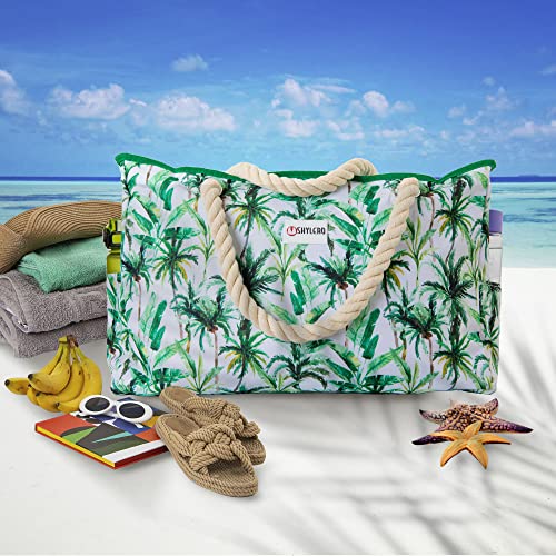 Beach Bag and Pool Bag Has Cooler Pocket, 7 Pockets Total, Zip Top. Family Size Waterproof Beach Tote - color: Palm Leaves