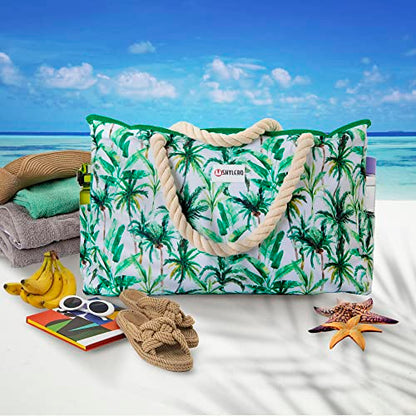 Beach Bag and Pool Bag Has Cooler Pocket, 7 Pockets Total, Zip Top. Family Size Waterproof Beach Tote - color: Palm Leaves