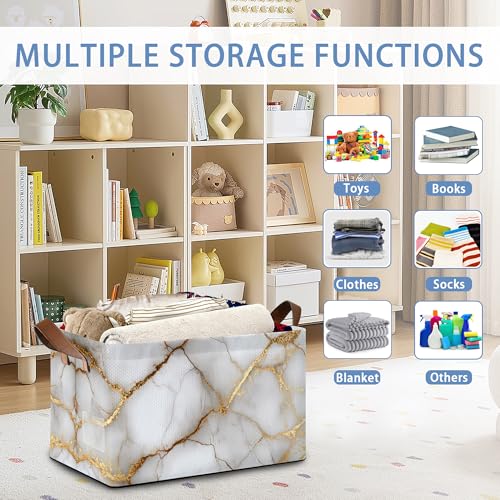 White Gold Marble Storage Baskets,Foldable Large Capacity Organizer Bins with Waterproof Lining and Leather Handles for Closet,Shelf,Bedroom 17x11.5x10Inch - color: White Gold Marble