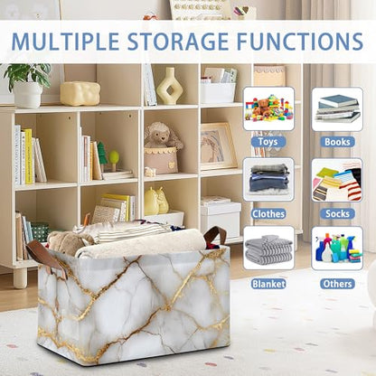 White Gold Marble Storage Baskets,Foldable Large Capacity Organizer Bins with Waterproof Lining and Leather Handles for Closet,Shelf,Bedroom 17x11.5x10Inch - color: White Gold Marble