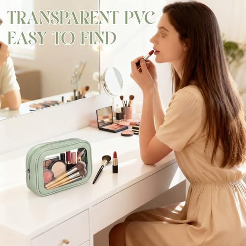 Abbylike 4 Pcs Green Clear Makeup Bag PU Leather Tsa Approved Toiletry Bag with Zipper Transparent Waterproof Portable Cosmetic Bags Travel Car Clear Organizer Bags for Women Girls Mother's Day - color: Green