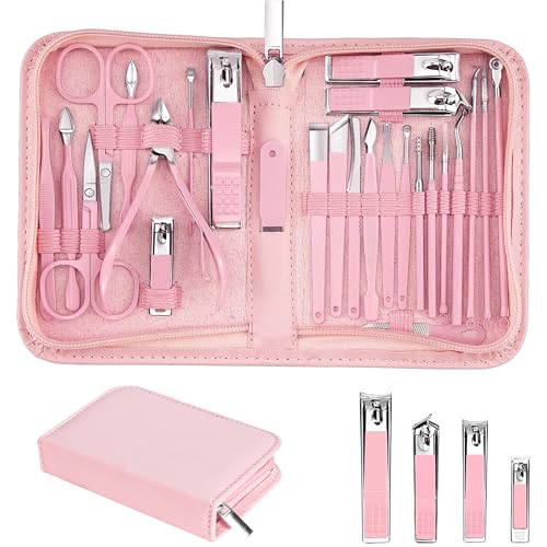 Nail Clippers Set, 26 Piece Manicure Set & Pedicure Kit, Stainless Steel Fingernail & Toenail Clipper Cutters, Professional Nail Care Tools with Luxurious Travel Case for Men and Women, Pink - color: Pink