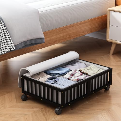 Bamboo Under Bed Storage Containers with Wheels, Rolling Under the Bed Shoe Storage Bins, Wood Stackable Underbed Drawers with Bag Organizer for Bedroom Closet Clothing Sweater Under Crib Toy Black - color: Black, size: 1 PCS (23.62"×16.54")