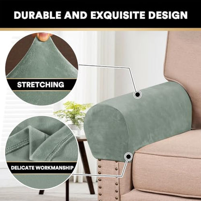 PrinceDeco 2 Pack Thick Velvet Stretch Armrest Covers for Chairs and Sofas Armchair Covers for Arms Couch Arm Covers Armrest Covers for Sofa Non Slip, Seagrass - color: Seagrass