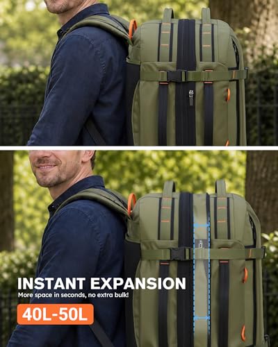 Tolaccea Travel Laptop Backpack for Men Women, 40L-50L Expandable Carry On Backpack with Wet Dry Compartment, TSA Approved Daypack Fits 16 Inch Laptop, Convertible Rucksack Duffel Bag for Work Travel - color: Army Green