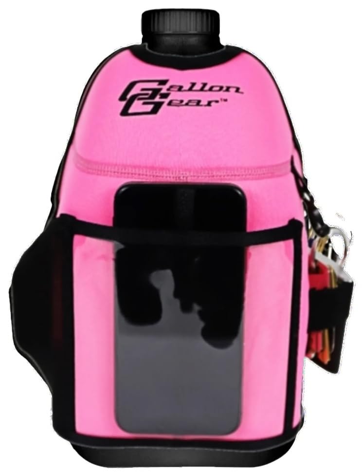Half-Gallon Fitness Hydration Cover | Neoprene Insulated Cooling & Portable Gym Water Bottle Carrier | CASE with Storage Pockets - color: Hot Pink