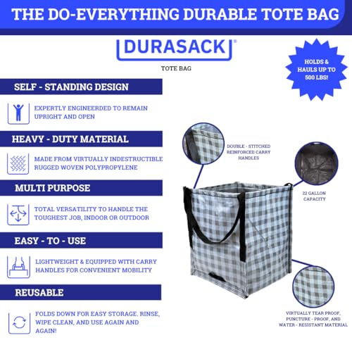 DURASACK Heavy Duty Storage Tote Bag 22-Gallon Rugged Woven Polypropylene Moving Bag, Reusable Self-Standing Design, Holds up to 500 Pounds, Pack of 4, Gingham Gray - color: Gingham Gray, size: Pack of 4