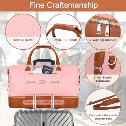 ITIEZY Weekender Overnight Bag for Women - Large Travel Duffel Bag with Shoe Compartment, Gym Duffel Bag Hospital Bag Carry On Tote Bags for Airplanes with Crossbody Bag Toiletry Bag 3Pcs Set - color: 3-Pink