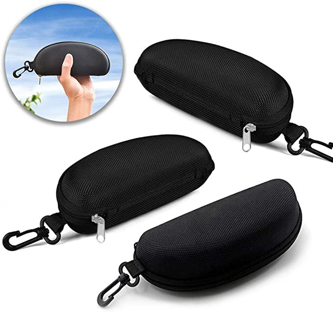 3 Pack Zipper Shell Eyeglasses and Sunglasses Case with Plastic Carabiner Hook - color: Black+blue+sliver
