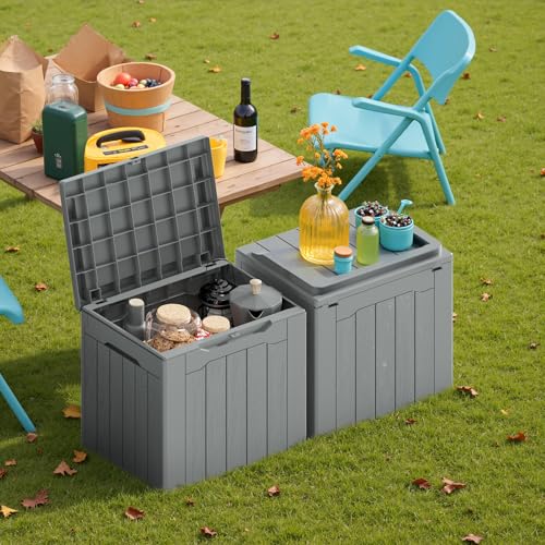 Devoko 30 Gallon Resin Deck Box 2 Pack Outdoor Indoor Waterproof Storage Box for Patio Furniture Pool Accessories Storage for Cushion Garden Tools (Grey, 2 Pack) - color: Grey, size: 30 Gallon 2 Pack