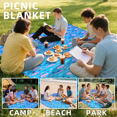Picnic Blanket, 80x80 Inches, White Fish Pattern, Double Thickened with 150g Cotton, Portable Foldable with Leather Carry Strap - color: Blue Fish, size: 80"x80"