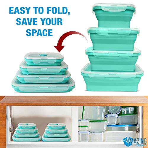 AMAZING CONTAINERS™ Collapsible Silicone Food Storage Container Set of 4 with Lids | Stackable | Microwaveable | Freezer, Dishwasher Safe| BPA Free