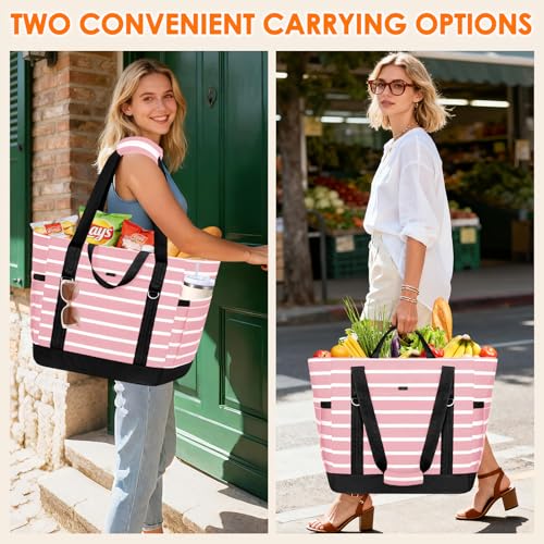 Cooler Bag Insulated, Soft Side Cooler, Reusable Grocery Bags with Zipper Closure, Thermal Leakproof Large Insulated Tote Bag for Hot/Cold Food for Grocery, Beach, Travel, Picnic - color: Pink and White
