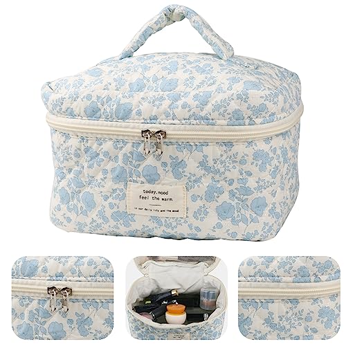 NATINSA Cute Makeup Bag for Women(2 Pcs), Travel Cosmetic Bags, Quilted Coquette Aesthetic Floral Toiletry Organizer Bag (NavyBlue Flower) - color: NavyBlue Flower