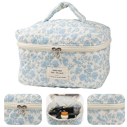 NATINSA Cute Makeup Bag for Women(2 Pcs), Travel Cosmetic Bags, Quilted Coquette Aesthetic Floral Toiletry Organizer Bag (NavyBlue Flower) - color: NavyBlue Flower