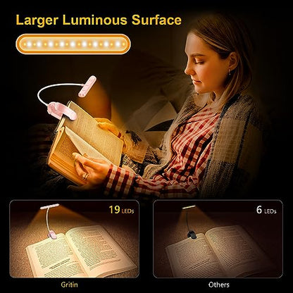 Gritin Rechargeable Book Light for Reading in Bed with 19 LED &Memory Function-Eye Caring 3 Color Temperatures,5 Brightness Levels,90 Hrs Runtime Flexible Goose Neck Clip on Light-Pink - color: Pink