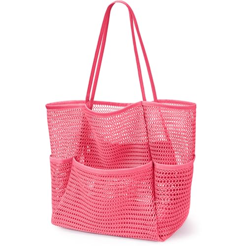 KPX Beach Bag with Mini Pocket, Summer Beach Tote Bags for Women Large Foldable Mesh Swimming Pool Travel Bags - Sandproof - color: Rose