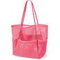 KPX Beach Bag with Mini Pocket, Summer Beach Tote Bags for Women Large Foldable Mesh Swimming Pool Travel Bags - Sandproof - color: Rose