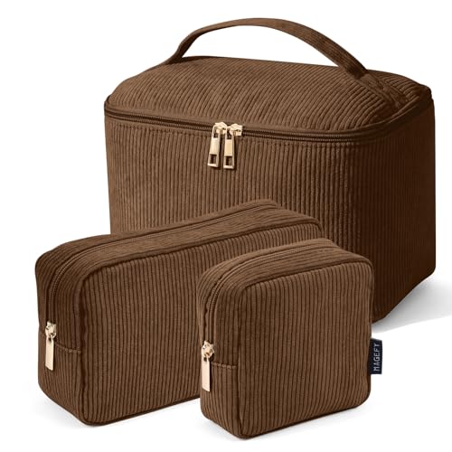 MAGEFY Small Makeup Bag for Purse Mini Cosmetics Bag Corduroy Cute Cosmetic Pouch for Women with Slip-in Pockets - color: Brown-3pcs