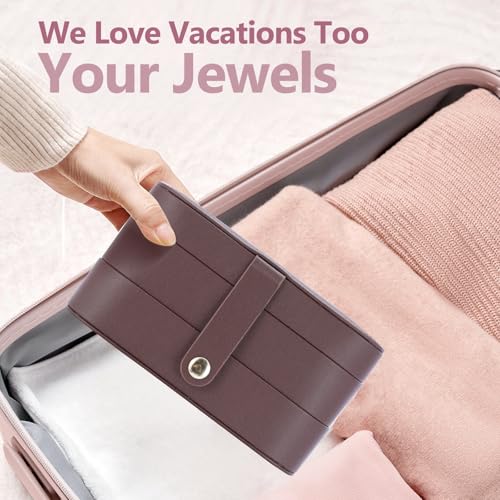 Travel Jewelry Case with LED Makeup Mirror, Portable Travel Jewelry Organizer, 2-Layer Jewelry Box for Earrings Necklace Bracelet Rings, Birthday Gifts for Women Girls (Dark Brown)