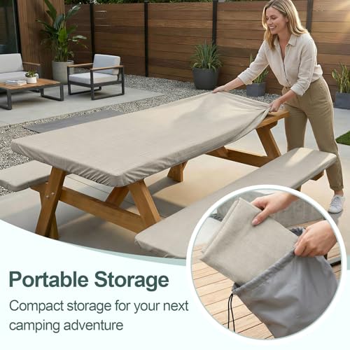 Picnic Table Cover with Bench Covers Camping Essentials Waterproof Windproof Camping Tablecloth with Drawstring Bag, Fitted Rectangle Tables and Seats, 72in, Beige Linen Texture - color: Beige Linen Texture, size: 72in