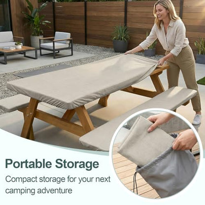 Picnic Table Cover with Bench Covers Camping Essentials Waterproof Windproof Camping Tablecloth with Drawstring Bag, Fitted Rectangle Tables and Seats, 72in, Beige Linen Texture - color: Beige Linen Texture, size: 72in
