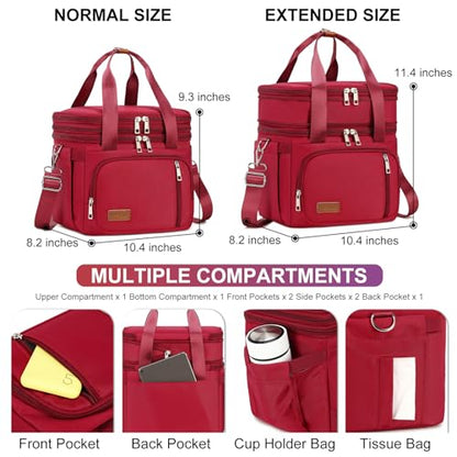 MAPLELILY Lunch Box for Men Women - Double Deck Insulated Lunch Bag, Large Leak Proof Tote Cooler, Wide Open Dual Compartment Lunch Bags with Shoulder Strap, For Work Picnic Hiking Beach, Red - color: Red
