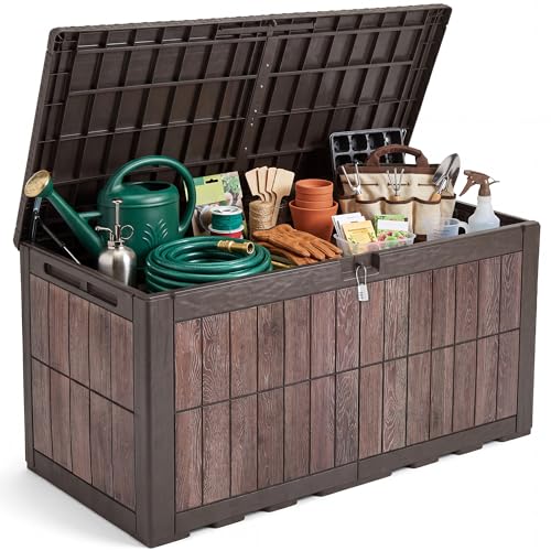 YITAHOME 134 Gallon Large Deck Box, Waterproof Resin Outdoor Storage Box with Lock, Doubles as Bench Seating for Patio Furniture Cushion, Garden Tools &Pool Accessories, Dark Brown & Wood-Grain Brown - color: Dark Brown & Wood-Grain Brown, size: 134 Gallo