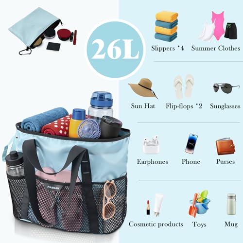 PASMAN Large Beach Bag with Zipper-8 Pockets Sandproof Beach Tote Bag for Women,Foldable Lightweight Family Swim Bag Vacation - color: Blue Wave Stripe