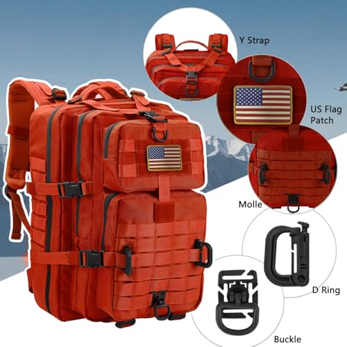 Hannibal Tactical MOLLE Assault Backpack, Tactical Backpack Military Army Camping Rucksack, 3-Day Pack Trip w/USA Flag Patch, D-Rings, Orange - color: Orange